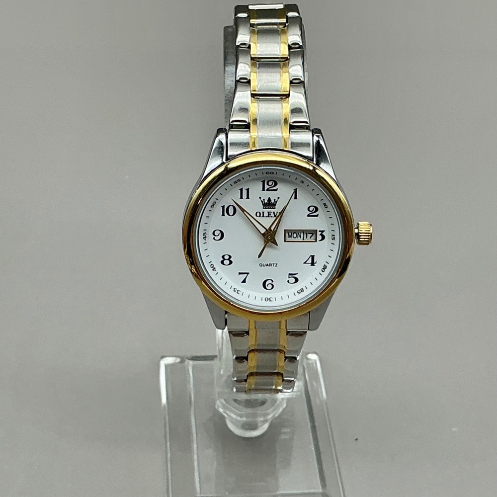 OLEVS Watch Women's Two Tone Stainless Steel Day Date Quartz 30mm NEW BATTERY